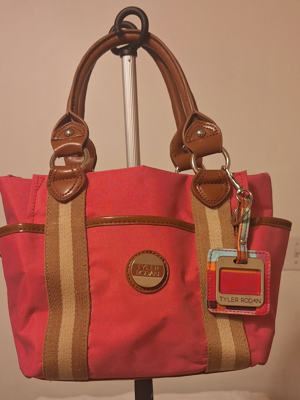 Tyler Rodan Coral Canvas Tote with Tan Trim and Multicolor Tag (13.5 X 8.5 X 4.5 - Picture 2 of 16
